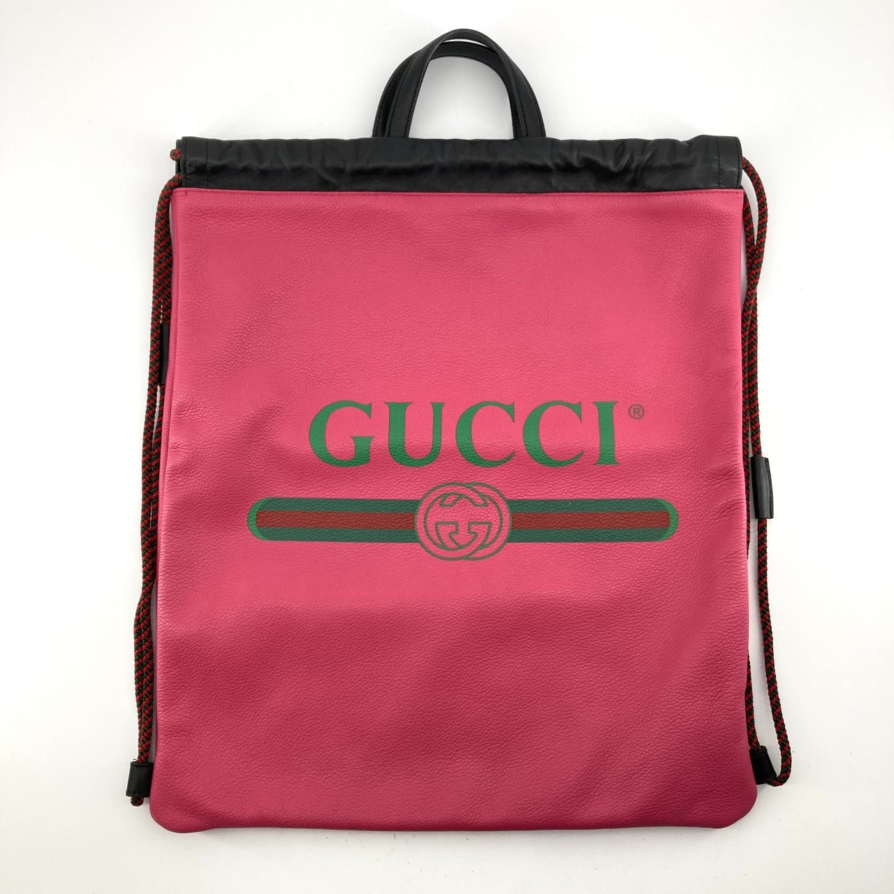 GUCCI(グッチ)  ロゴプリント ドローストリング ナップサック 2WAY カーフレザー 516639 トートバッグ ホットピンク×ブラック