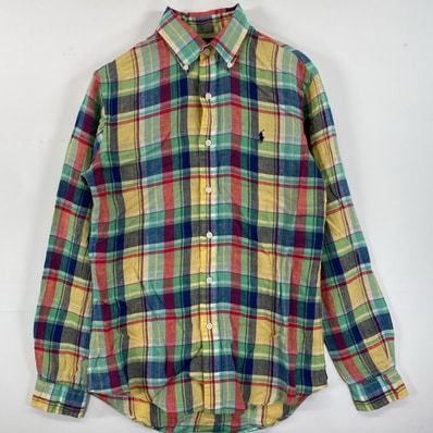 古着 90's/90年代 ラルフローレン RALPH LAUREN 長袖シャツ ボタンダウン ロゴ刺繍 ワンポイント イエロー マルチカラー メンズ