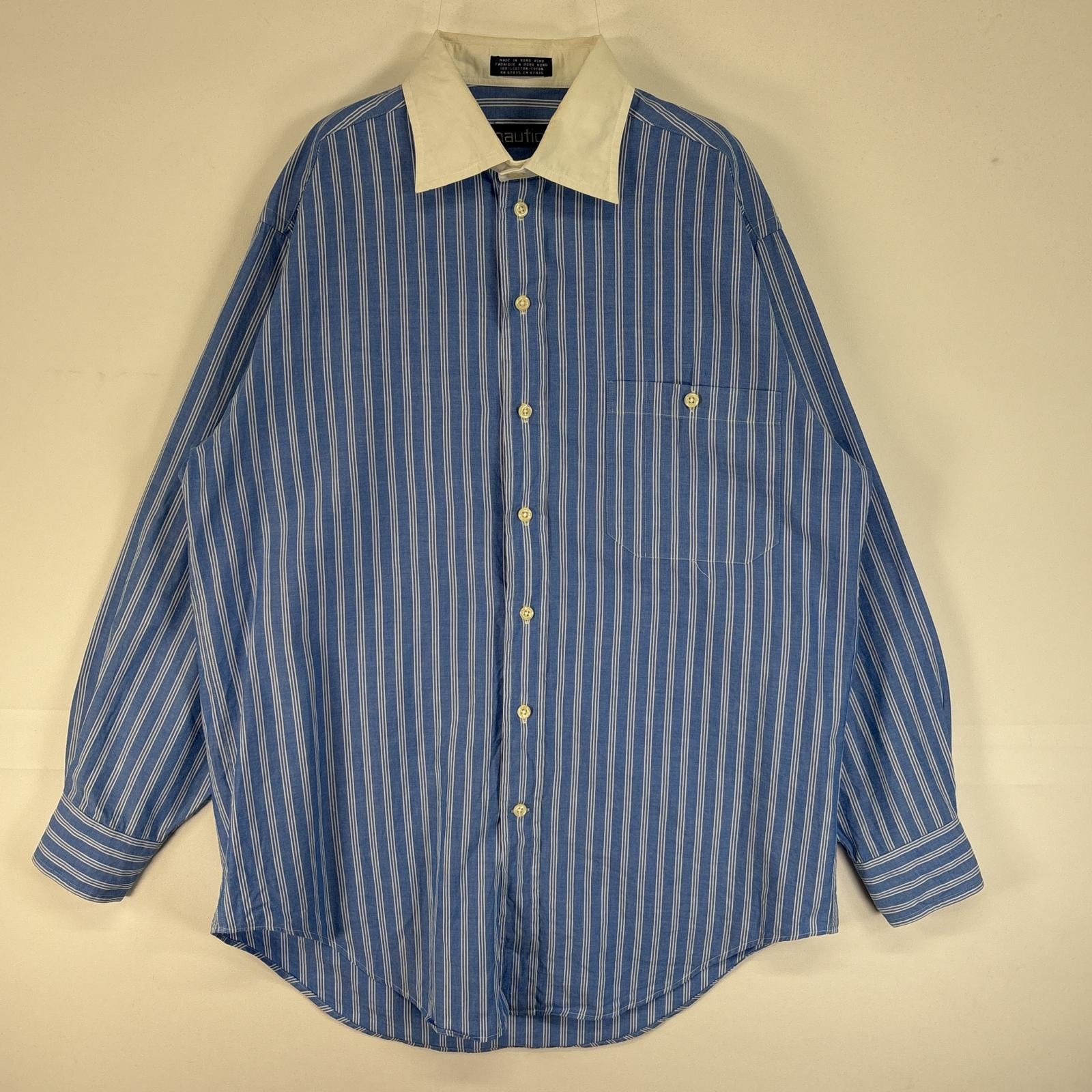 古着 90's/90年代 ノーティカ NAUTICA 長袖シャツ 胸ポケ オックスフォード 襟切替 小文字タグ 15-32 S-M  ブルー ストライプ メンズ