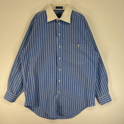 古着 90's/90年代 ノーティカ NAUTICA 長袖シャツ 胸ポケ オックスフォード 襟切替 小文字タグ 15-32 S-M ブルー ストライプ メンズ