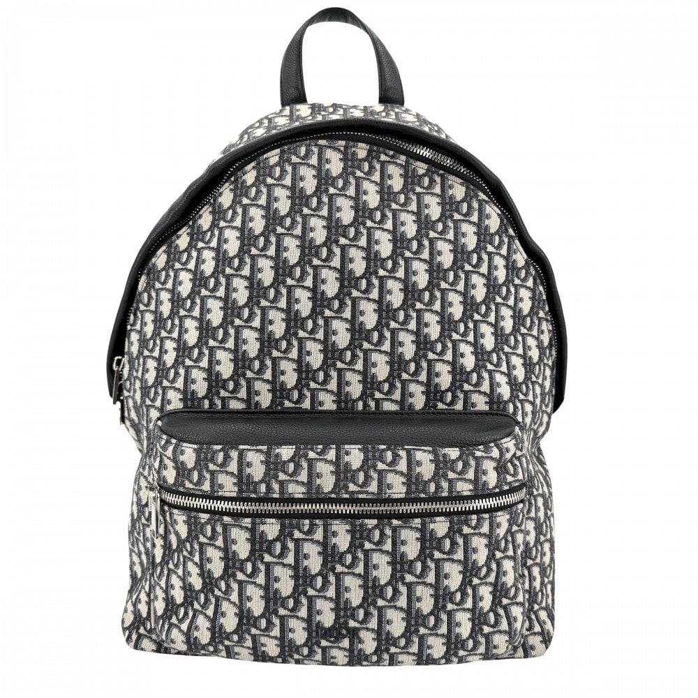 Christian Dior クリスチャンディオール リュック オブリーク Rider バックパック キャンバス  レザー   ベージュ ネイビー 紺 シルバー金具 メンズ【中古品】