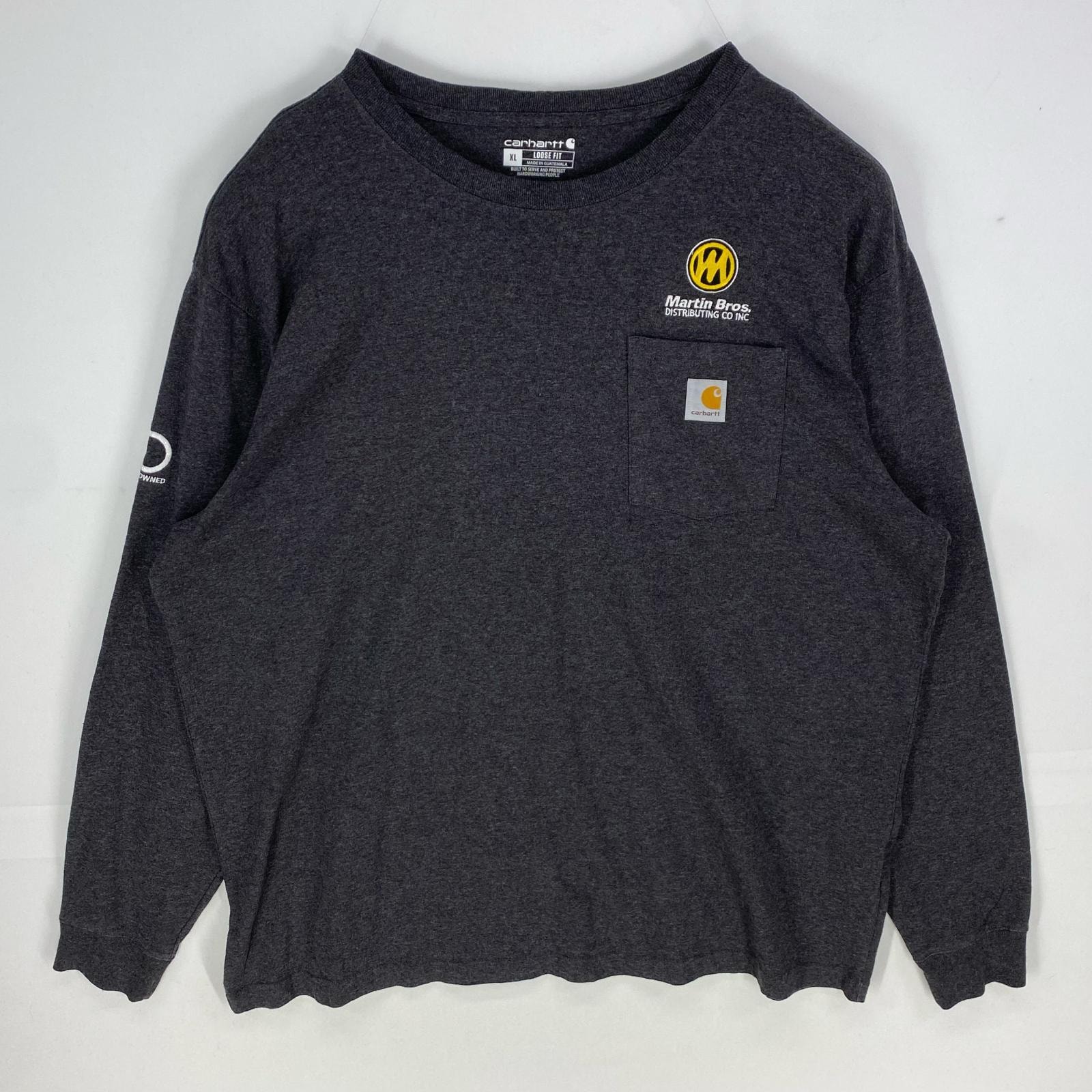 古着 カーハート Carhartt 長袖Tシャツ クルーネック 胸ポケット ロンT 企業ロゴ刺繍 大きいサイズ XL  グレー系 メンズ