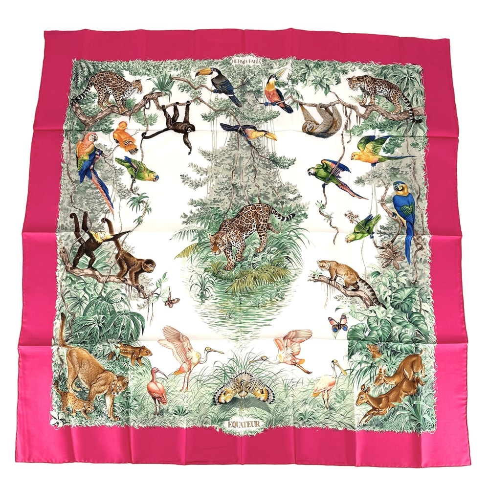 HERMES エルメス スカーフ カレ90 EQUATEUR 赤道直下 アニマル 大判 ファッションアイテム シルク レッド 赤 マルチカラー レディース 美品【中古品】