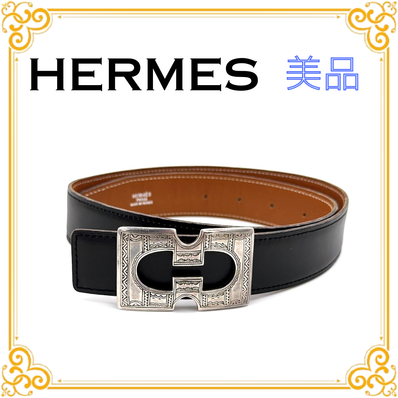 ■美品■ HERMES エルメス トゥアレグ リバーシブル レザー ベルト メンズ ブラック ブラウン □A刻印 バックル シルバー金具 紳士