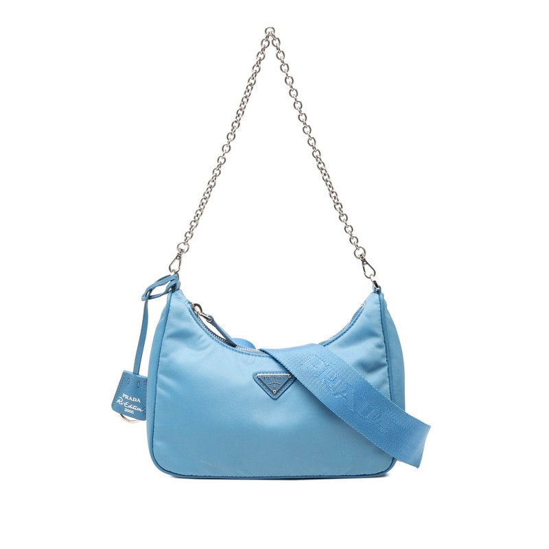 プラダ 三角ロゴプレート チェーン ハンドバッグ ショルダーバッグ 2WAY ブルー ナイロン レザー レディース PRADA 【中古】