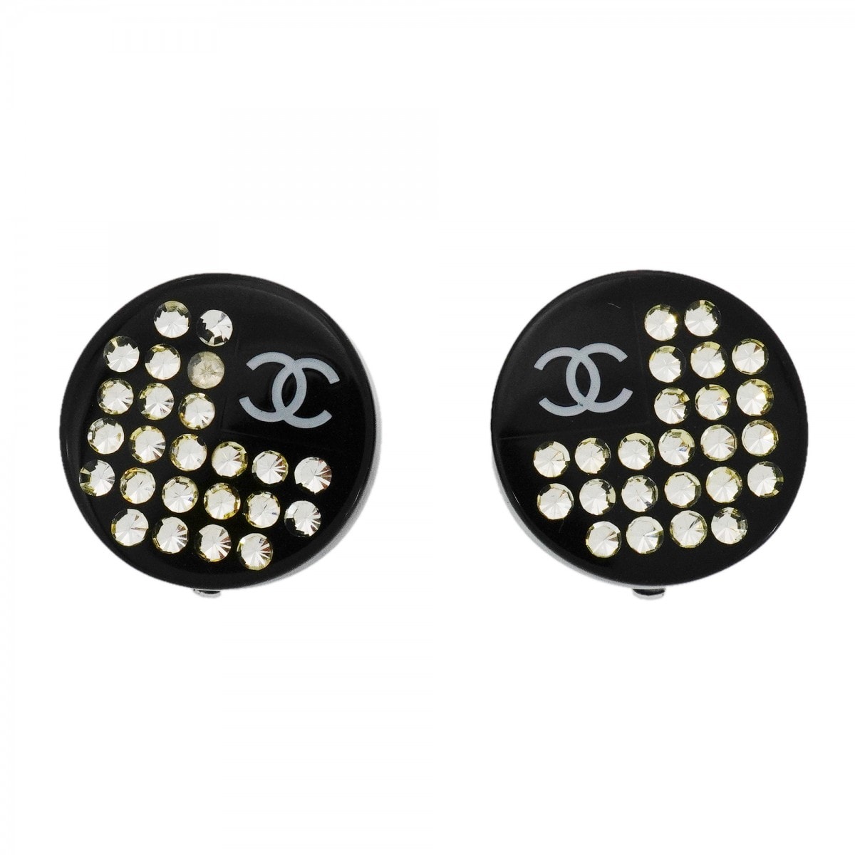 【6jdb0241-k】シャネル イヤリング ココマーク 丸型 サークル メタル ラインストーン シルバー ブラック【中古】レディース