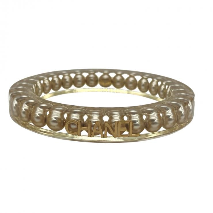 CHANEL シャネル ブレスレット ロゴ クリア コスチュームパール バングル アクセサリー レディース 97P ★美品★