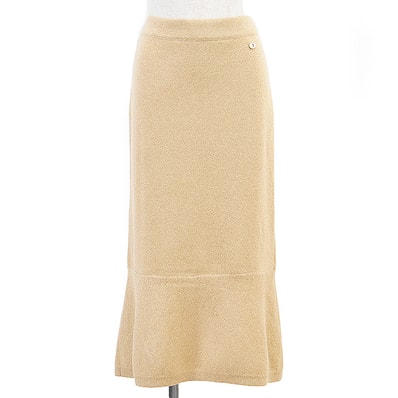 美品 シャネル COCOマーク ロゴ 鍵穴 モチーフ チャーム ラメ カシミヤブレンド スカート レディース ベージュ 38 CHANEL