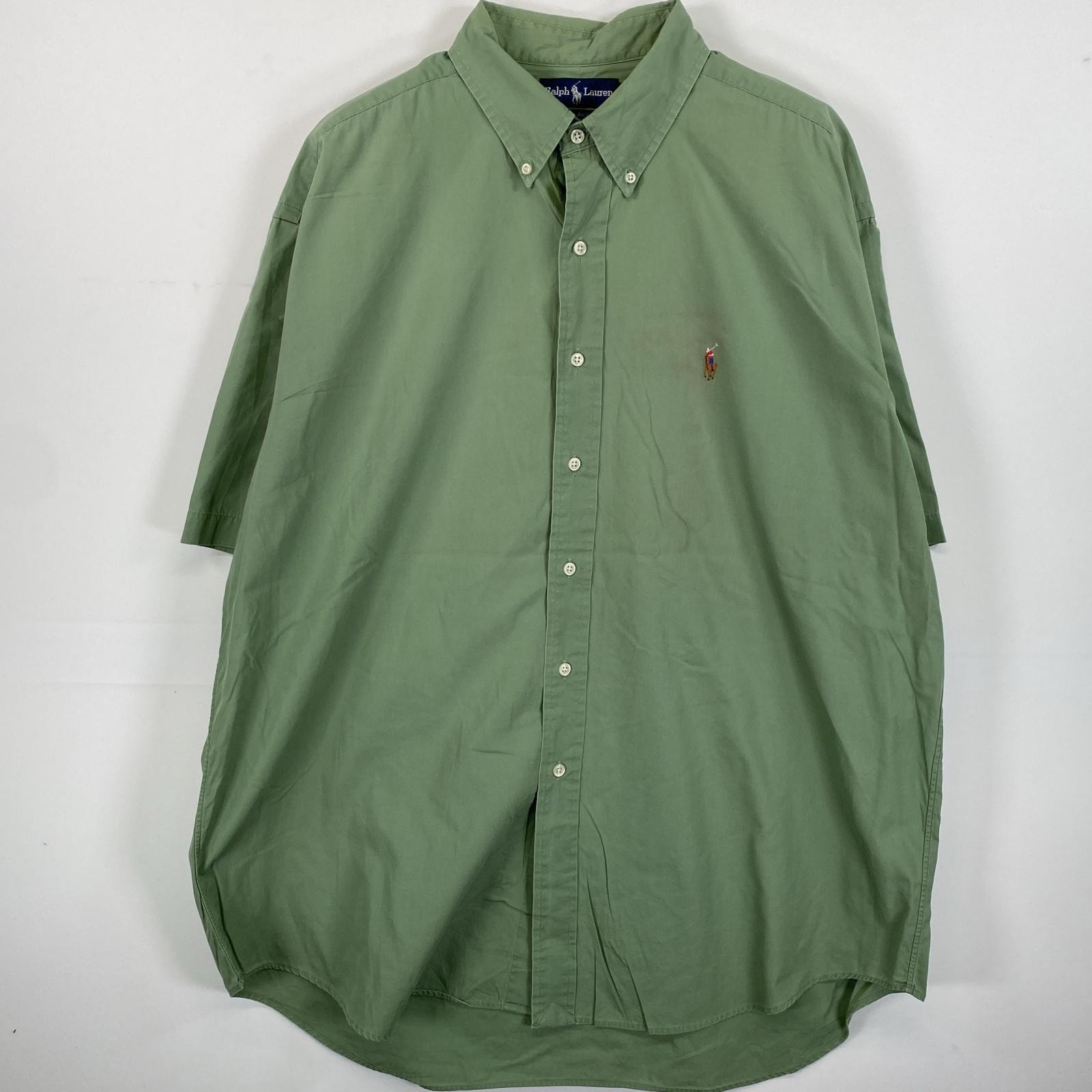 古着 90's/90年代 ラルフローレン RALPH LAUREN 半袖シャツ ボタンダウン ワンポイントロゴ刺繍 グリーン 無地 メンズ