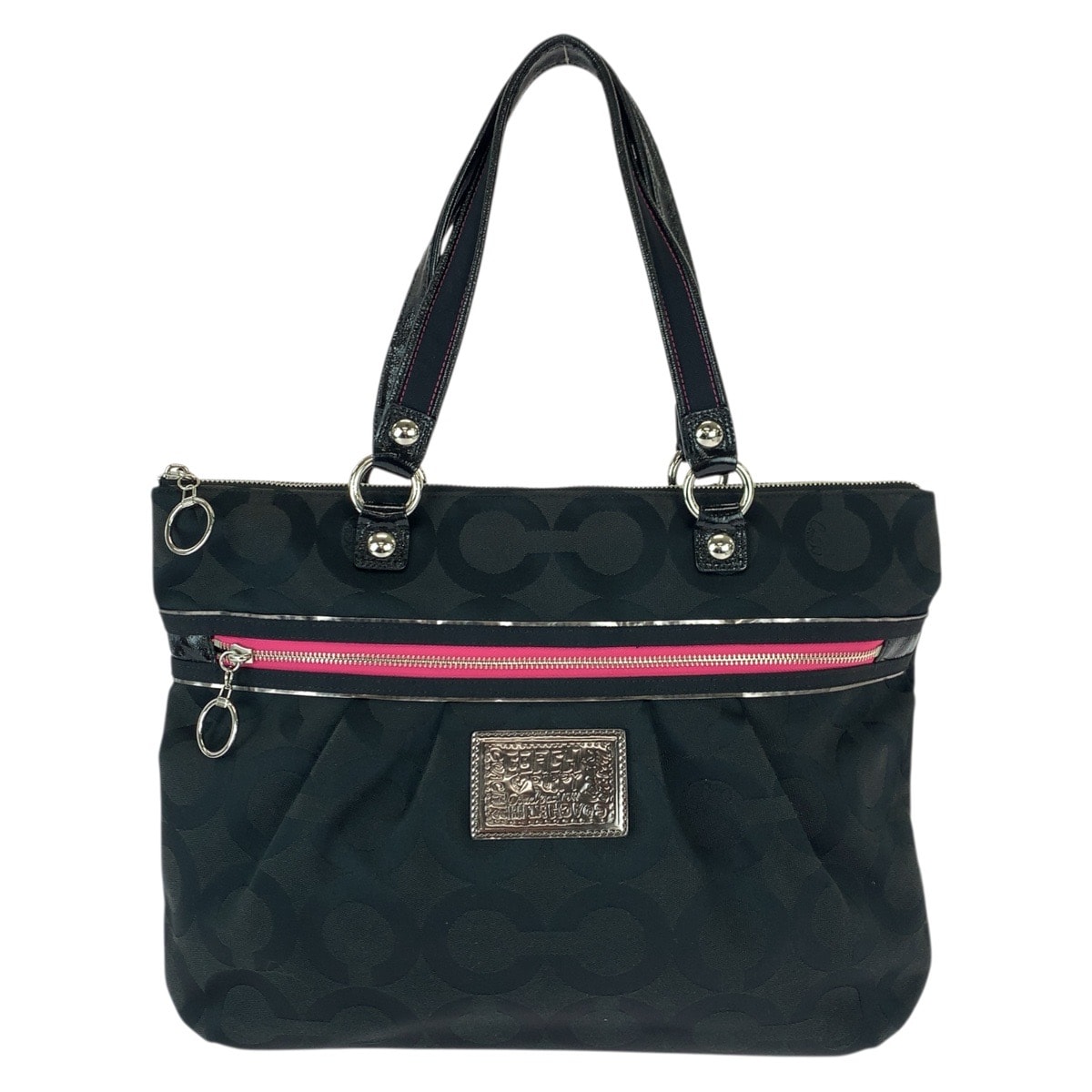 美品 COACH コーチ ポピー オプアート ブラック ピンク シルバー金具 キャンバス パテントレザー/ トートバッグ ショルダーバッグ 600509 【中古】