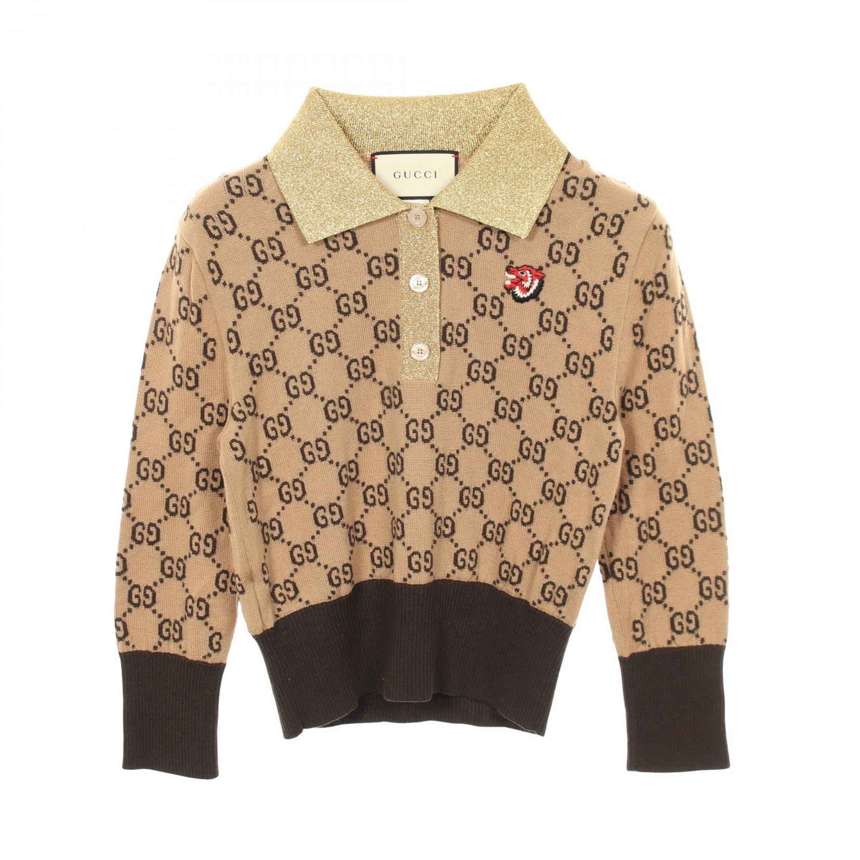 グッチ GUCCI GGパターン ウルフパッチ クロップドシャツ ニット 衣料品 トップス ウール レディース ブラウン系 / ゴールド系 【中古】