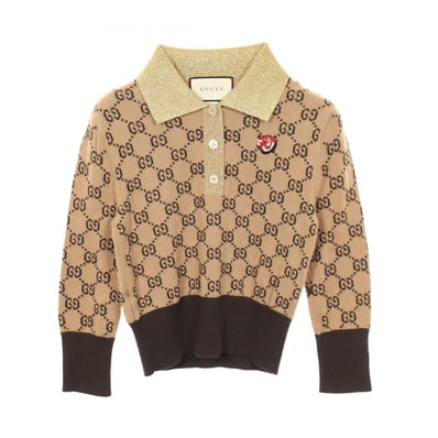 グッチ GUCCI GGパターン ウルフパッチ クロップドシャツ ニット 衣料品 トップス ウール レディース ブラウン系 / ゴールド系 【中古】