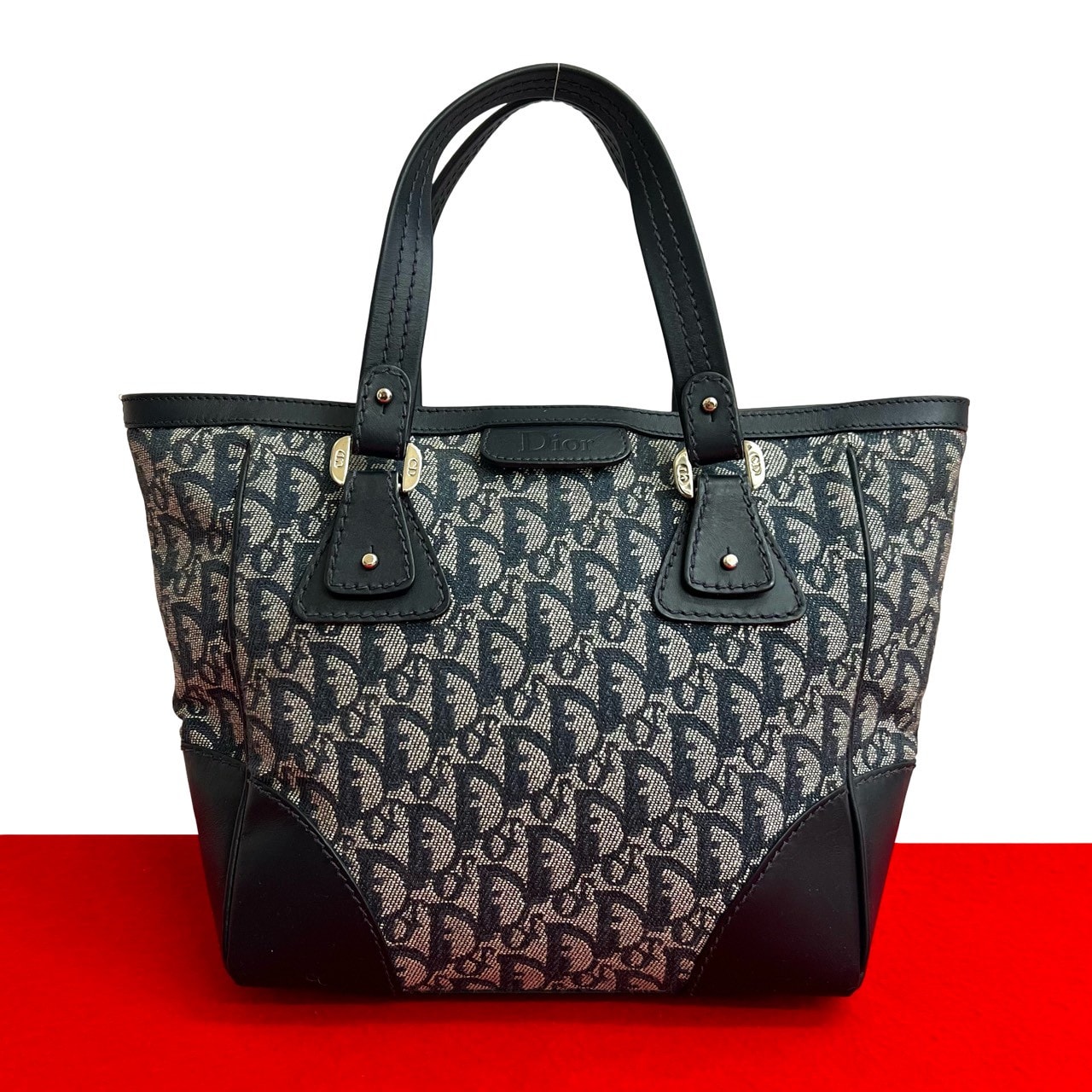 Christian Dior ディオール トロッター 柄 キャンバス レザー ハンドバッグ ネイビー
 38971