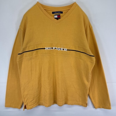 古着 90's/90年代 トミーヒルフィガー TOMMY HILFIGER ニット トレーナー 大きいサイズ ロゴ刺繍 Vネック XL イエロー メンズ