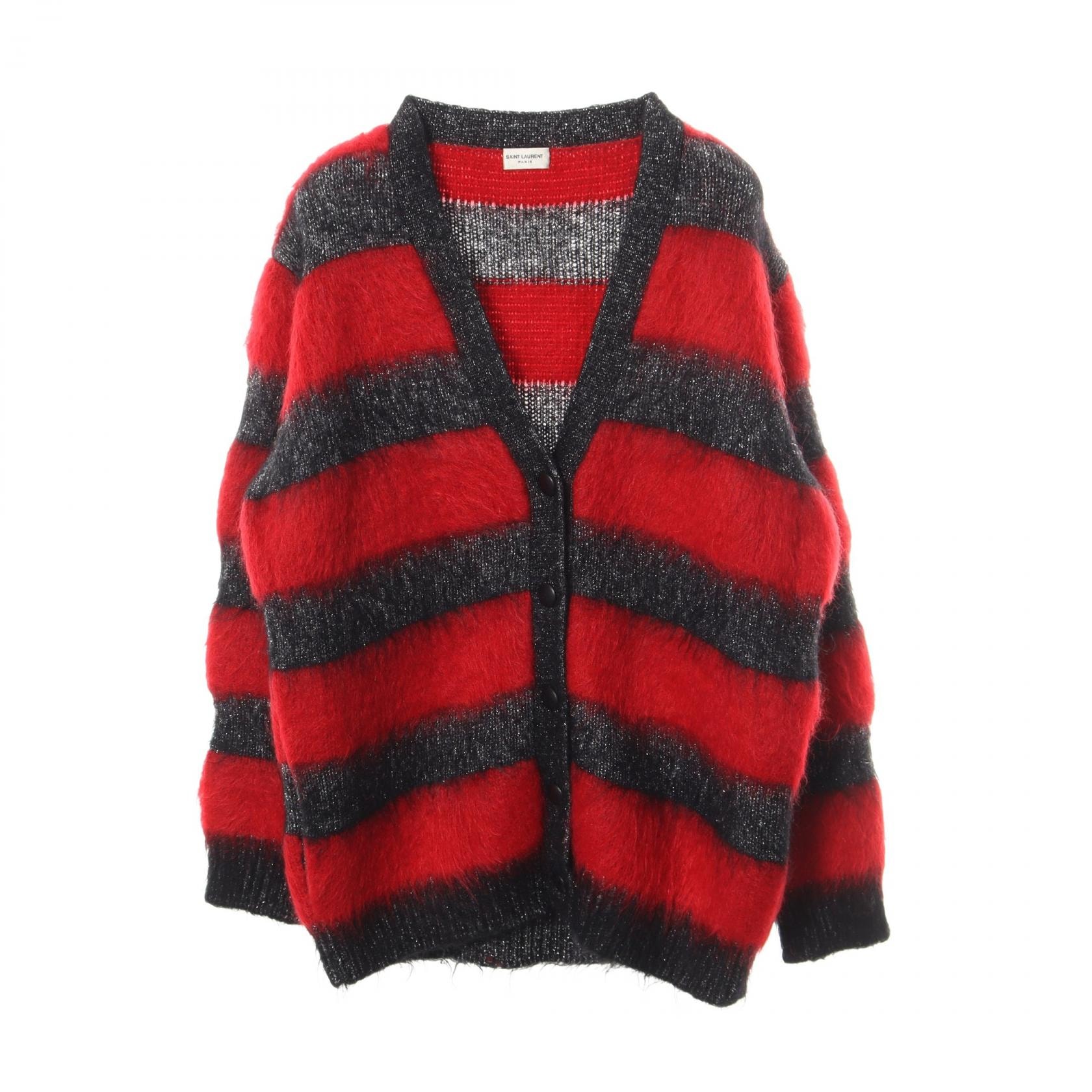 サンローランパリ SAINT LAURENT PARIS ボーダー カーディガン 衣料品 トップス モヘヤ / ナイロン レディース レッド系 / ブラック系 633427 【中古】