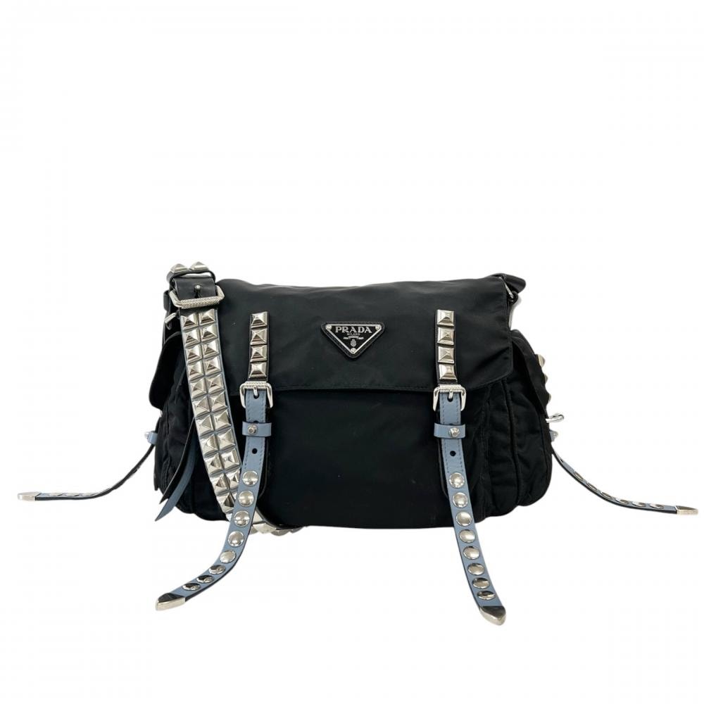 PRADA プラダ ショルダーバッグ スタッズ メッセンジャーバッグ 1BD118 ナイロン ブラック 黒 ライトブルー シルバー金具 レディース【中古品】