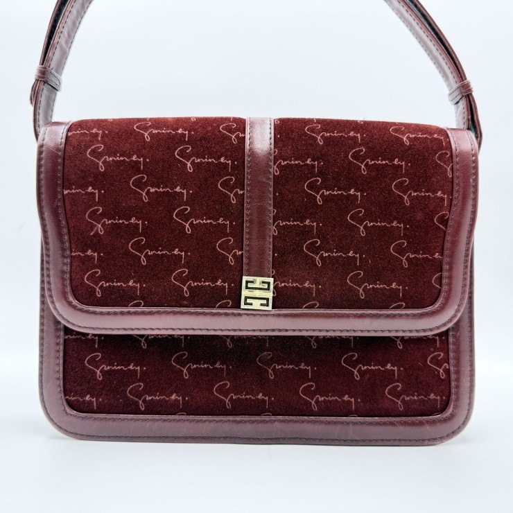 GIVENCHY(ジバンシィ)ロゴ総柄 スエード ショルダーバッグ ヴィンテージ ボルドー レザー ゴールド金具 レディース