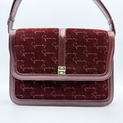 GIVENCHY(ジバンシィ)ロゴ総柄 スエード ショルダーバッグ ヴィンテージ ボルドー レザー ゴールド金具 レディース