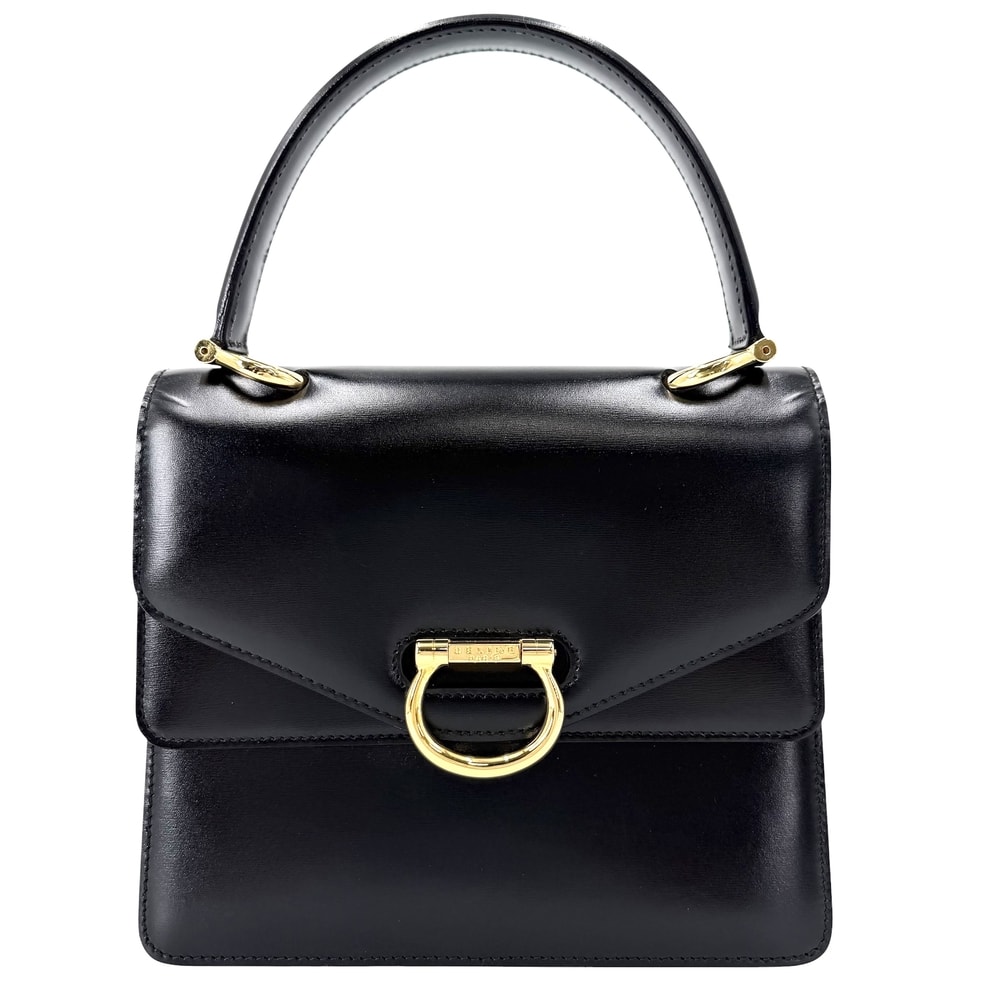CELINE セリーヌ ハンドバッグ ガンチーニ ダブルフラップ ヴィンテージ かばん 鞄 レザー ブラック 黒 ゴールド金具 レディース【中古品】