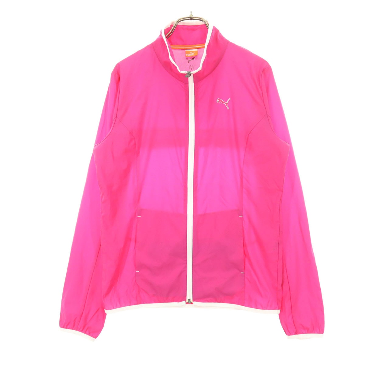 美品 PUMA GOLF プーマ ゴルフ ワンポイントロゴ 長袖 薄手 フルジップ ポケッタブル ウインドブレーカー L マゼンタ