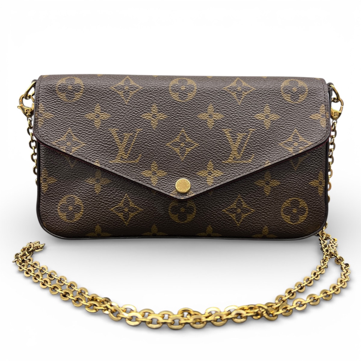 LOUIS VUITTON 美品 ルイヴィトン ポシェットフェリシー モノグラム フューシャ チェーン ショルダーバッグ M81896 PVC レザー RFID確認済 ブラウン クロスボディ ポーチ クラッチ LV ABランク 中古 鑑定済 ヴィトンバッグ