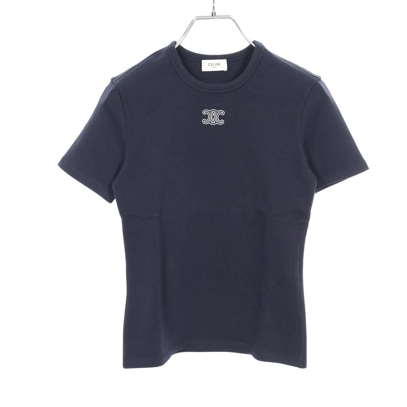 セリーヌ CELINE トリオンフ刺繍 半袖Tシャツ 衣料品 トップス コットン レディース ネイビー系 RX0IX1407 【中古】