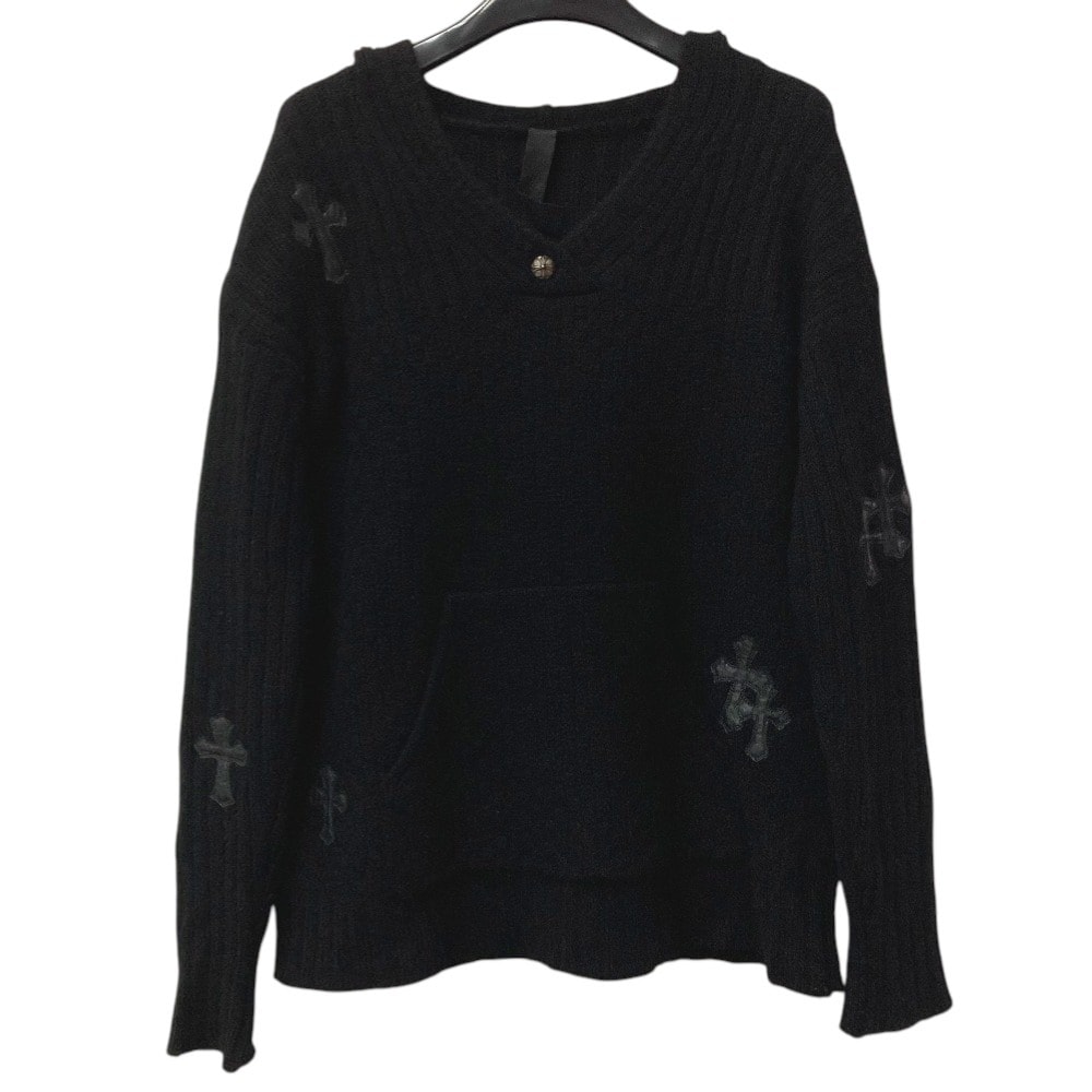 クロムハーツ CHROME HEARTS クロスパッチ レザーパッチ 革タグ アパレル 長袖 フード フーディー パーカー  ニット カシミヤ ブラック