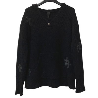 クロムハーツ CHROME HEARTS クロスパッチ レザーパッチ 革タグ アパレル 長袖 フード フーディー パーカー ニット カシミヤ ブラック