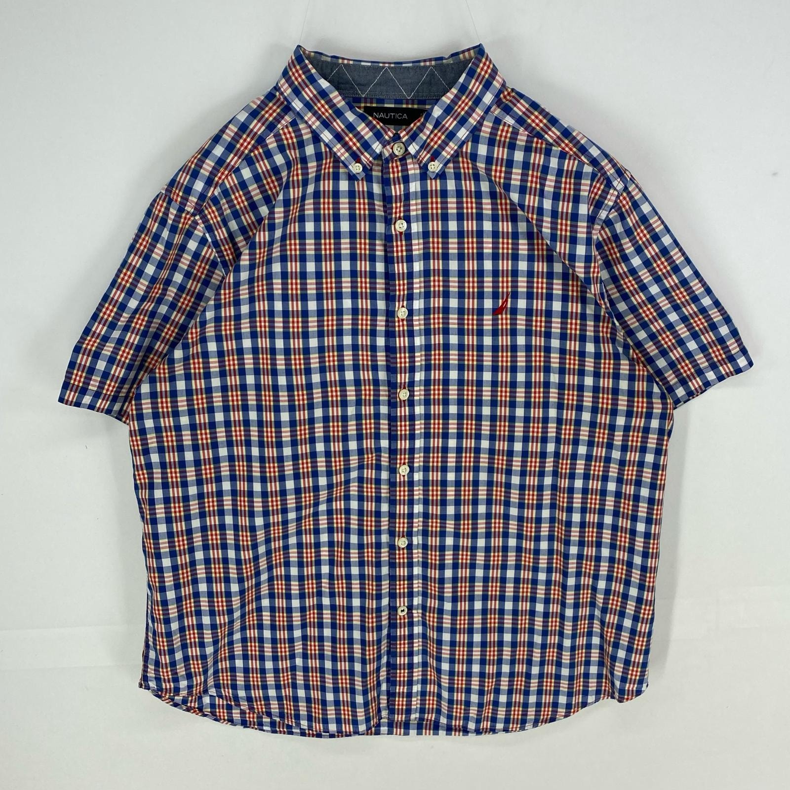古着 ノーティカ NAUTICA 半袖シャツ ボタンダウン ワンポイント ショートスリーブ XL  レッド系 チェック メンズ