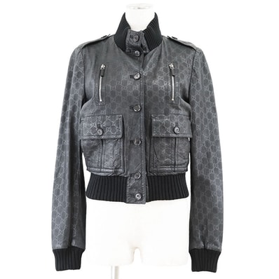 美品 グッチ レザー GG ロゴ モノグラム パンチング メッシュ 総柄 スタンドカラーリブ ジャケット レディース ブラック 42 GUCCI