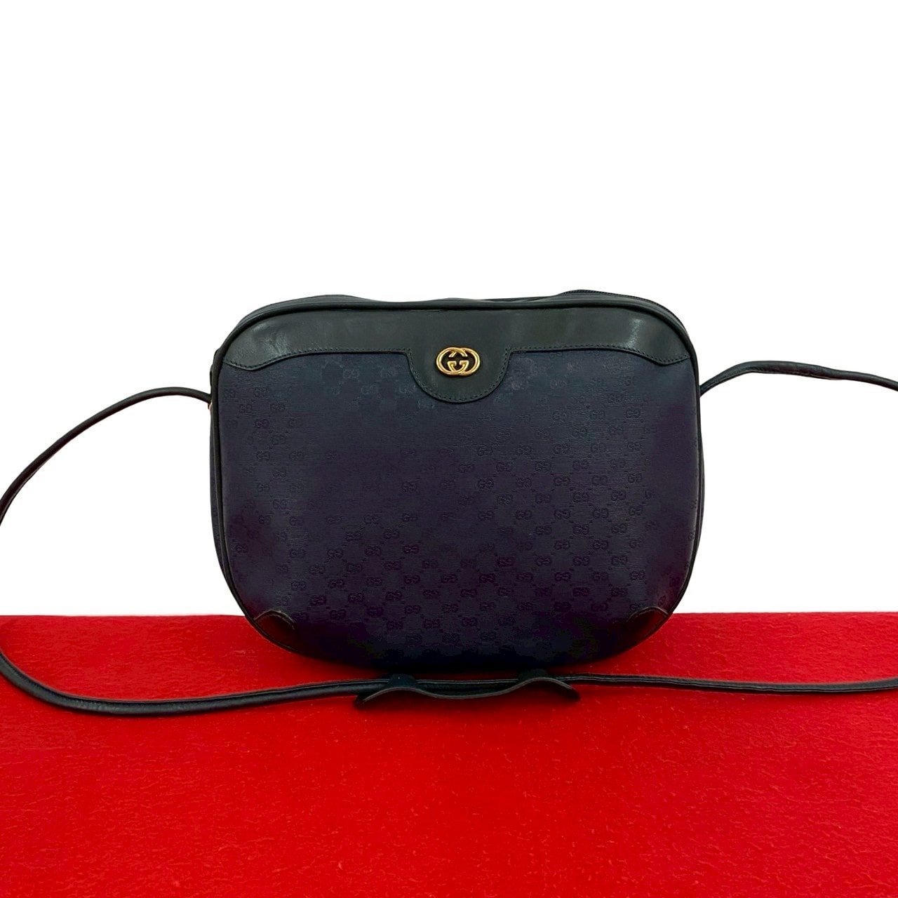 GUCCI グッチ マイクロGG ロゴ 金具 レザー PVC ショルダーバッグ ネイビー
 26125
