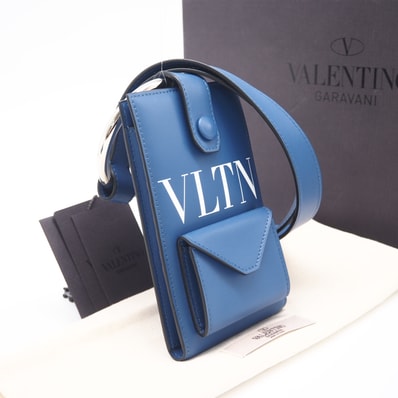 美品 VALENTINO ヴァレンティノ レザー ロゴ モバイルケース RY0P0Q41LVN ショルダーバッグ ブルー ホワイト レザー メンズ