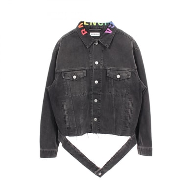 バレンシアガ BALENCIAGA レインボーロゴ ダメージ加工 デニムジャケット 衣料品 アウター コットン メンズ グレー系 571450 【中古】