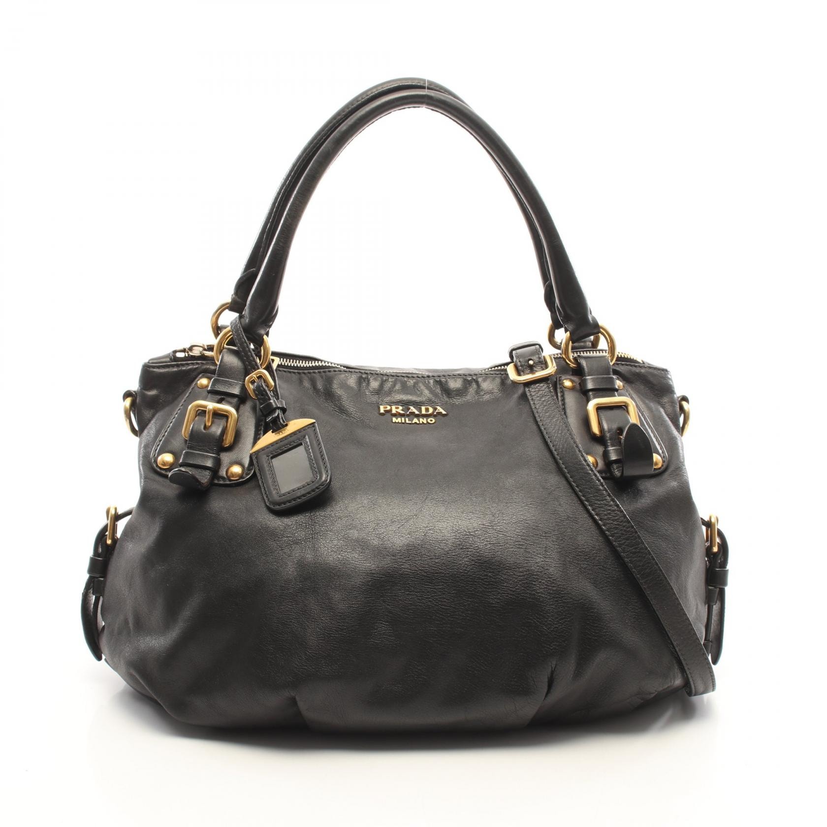 プラダ PRADA メタルロゴ 2WAY ハンドバッグ バッグ レザー レディース ブラック系 【中古】
