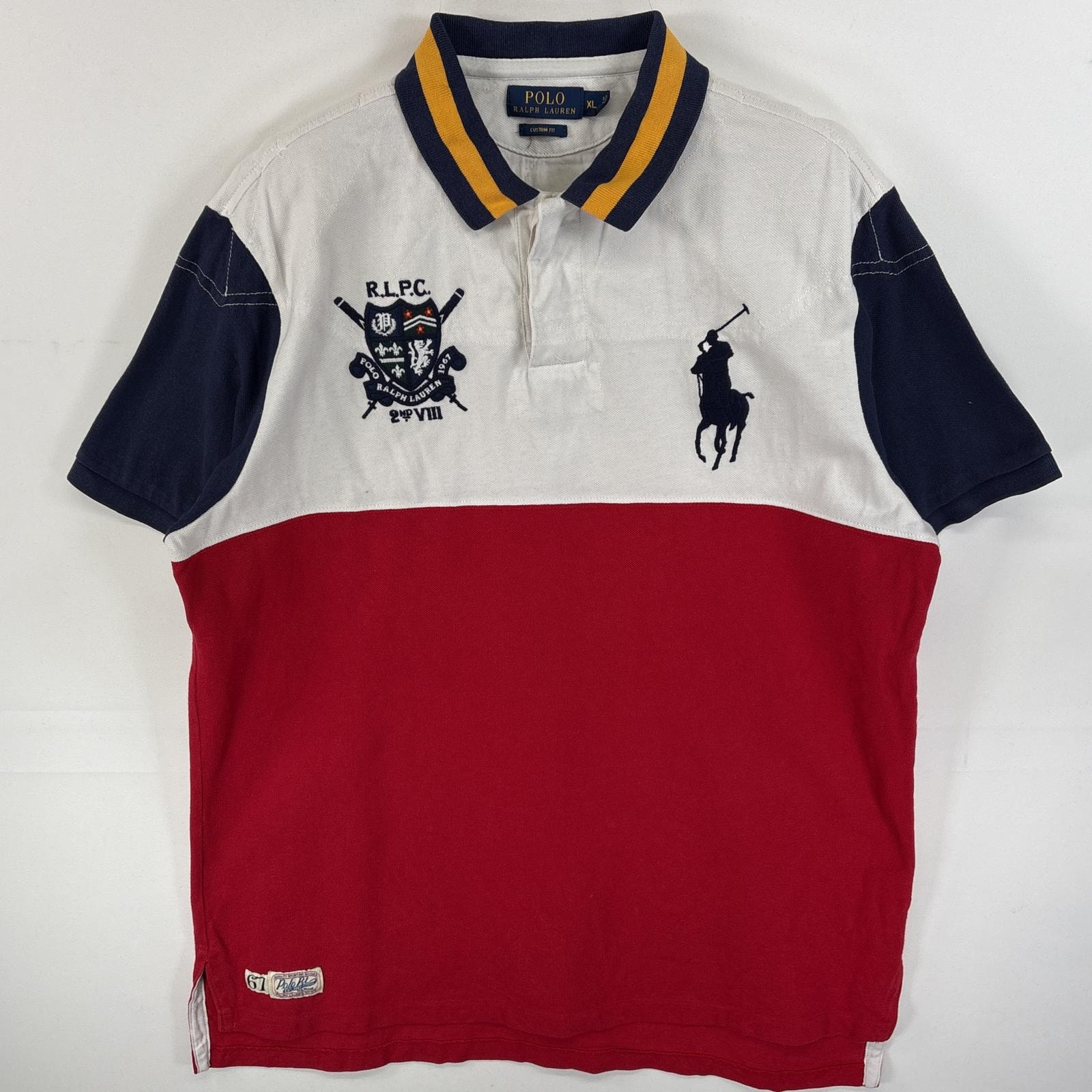 古着 ポロ・ラルフローレン POLO RALPH LAUREN 半袖 ラガーシャツ ビックポニー 刺繍 ロゴ CUSTOM  FIT XL  レッド系 マルチカラー メンズ