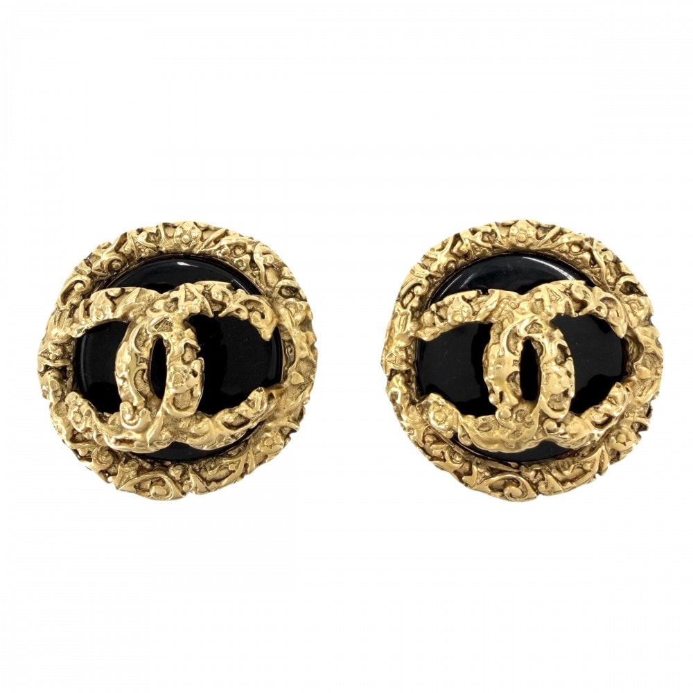 CHANEL シャネル イヤリング ラウンド アクセサリー ヴィンテージ  ココマーク マグマ GP  カラーストーン   93A ゴールド ブラック 黒 レディース 約27.4g 1993年【中古品】