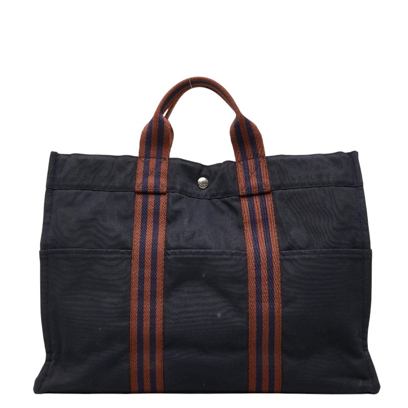 エルメス フールトゥMM トートバッグ ハンドバッグ ネイビー ブラウン コットン レディース HERMES 【中古】