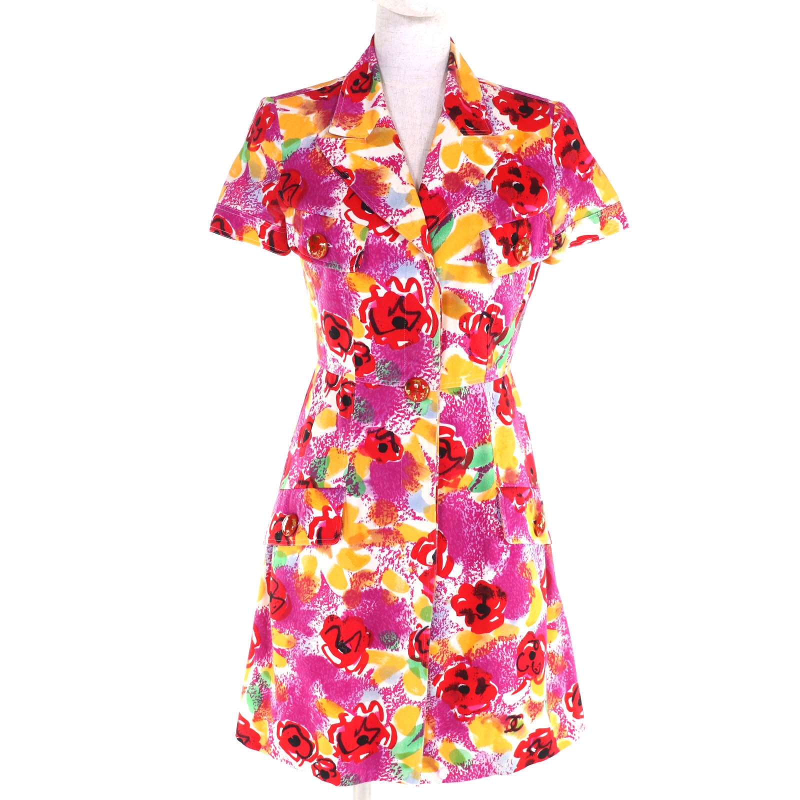 美品 シャネル ココボタン カメリア 半袖 シャツワンピース 38 97P