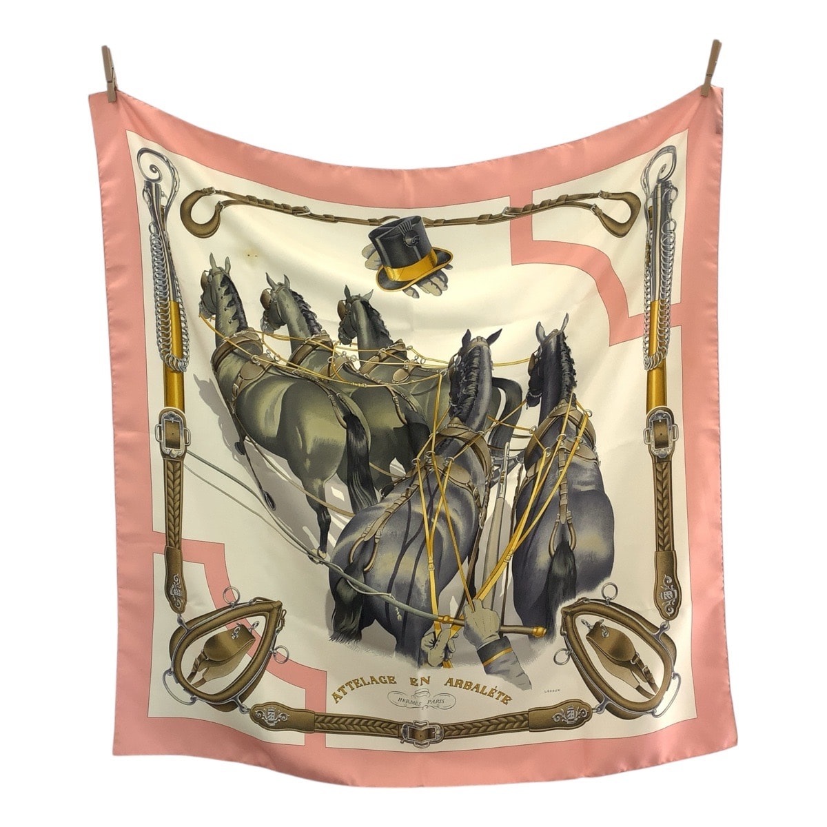 HERMES エルメス カレ90 ATTELAGE EN ARBALETE ピンク マルチカラー  シルク スカーフ 506520 【中古】
