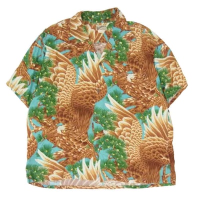 SUN SURF サンサーフ 半袖シャツ SS39273 WATUMULL’S SPECIAL EDITION TAKA MASTER OF THE HUNT スペシャル 鷹 松 アロハ ハワイアン シャツ ブラウン系 XL【美品】【中古】