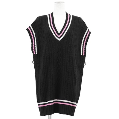 CHANEL シャネル ニットワンピース サイズ 38 レディース P74559 ケーブル編み カシミヤ × コットン Vネック ノースリーブ ドレス ブラック ホワイト ピンク 黒 白 桃色 イタリア製 ヴィルジニー・ヴィアール期