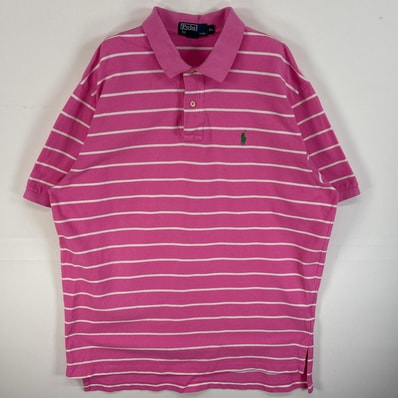 古着 90's/90年代 ポロバイラルフローレン Polo by Ralph Lauren 鹿の子 半袖 ポロシャツ ロゴ 刺繍 大きいサイズ 2ボタン XL ピンク系 ボーダー メンズ
