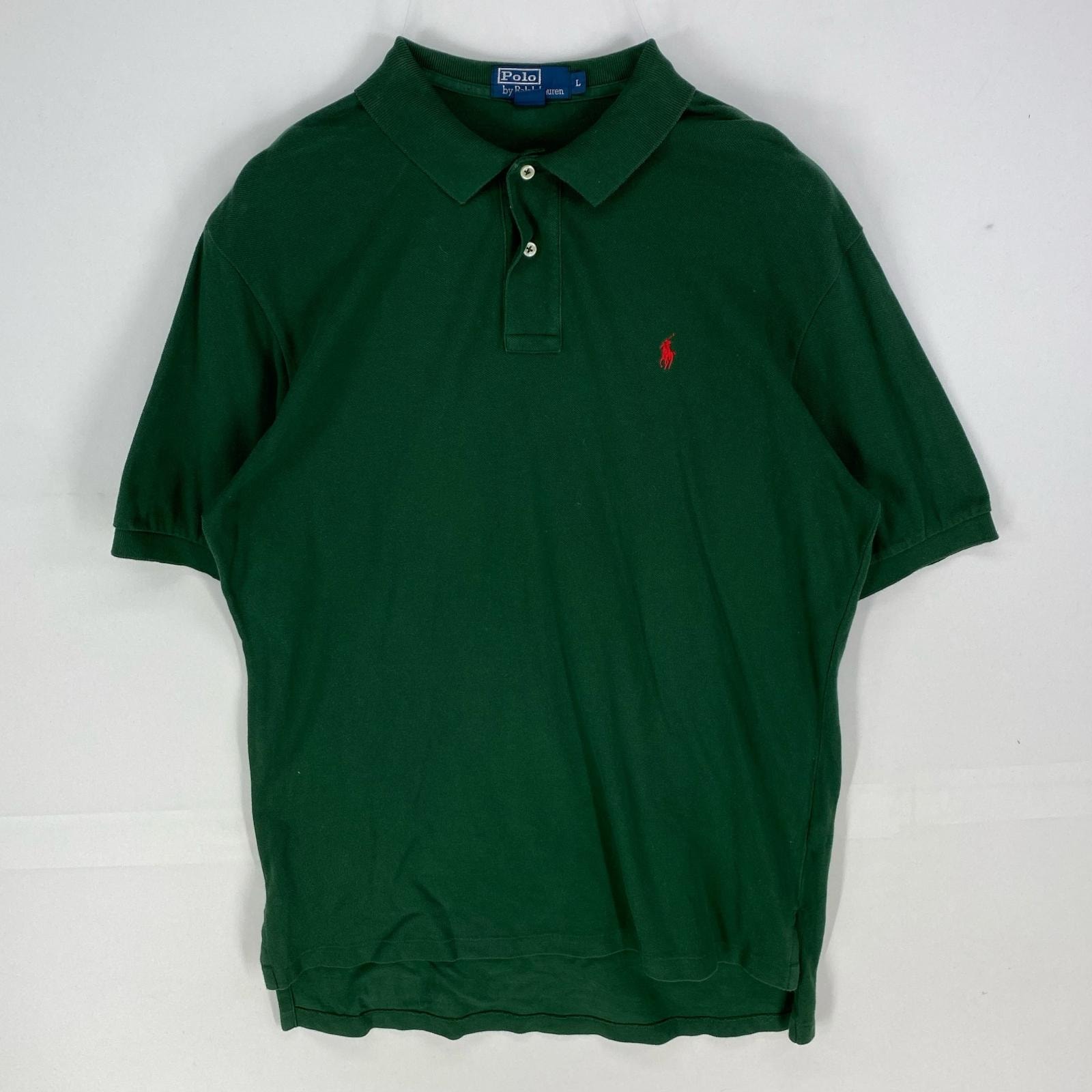 古着 ポロバイラルフローレン Polo by Ralph Lauren 鹿の子 半袖シャツ ワンポイントロゴ刺繍 ポロシャツ L グリーン系 メンズ