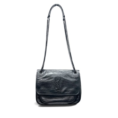SAINT LAURENT 希少 極美品 サンローラン ニキ ベイビー チェーン ショルダーバッグ レザー ブラック メッセンジャーバッグ クロスボディ セミショルダー ワンショルダー Aランク 鑑定済 中古 サンローランバッグ