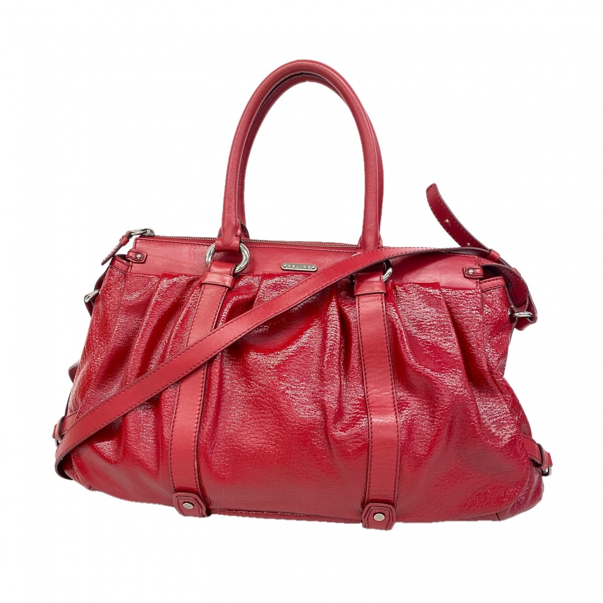 【6gd4175】セリーヌ ハンドバッグ エナメル レッド シルバー金具 2wayバッグ【中古】レディース