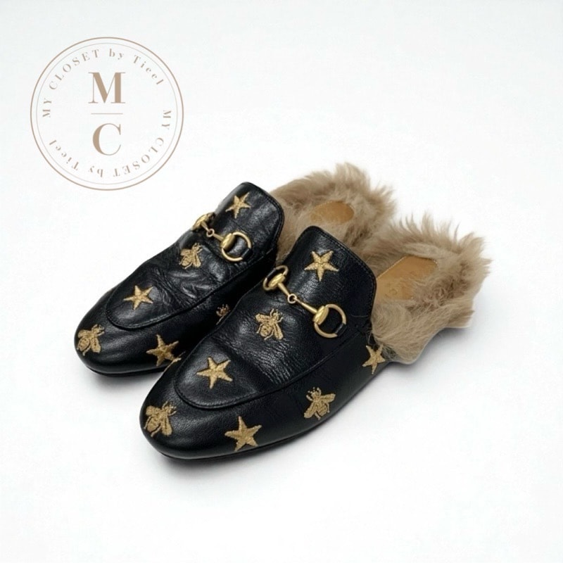 グッチ GUCCI プリンスタウン フラットシューズ 靴 シューズ レザー ファー ブラック ブラウン ゴールド ホースビット スター bee ミュール スリッパサンダル