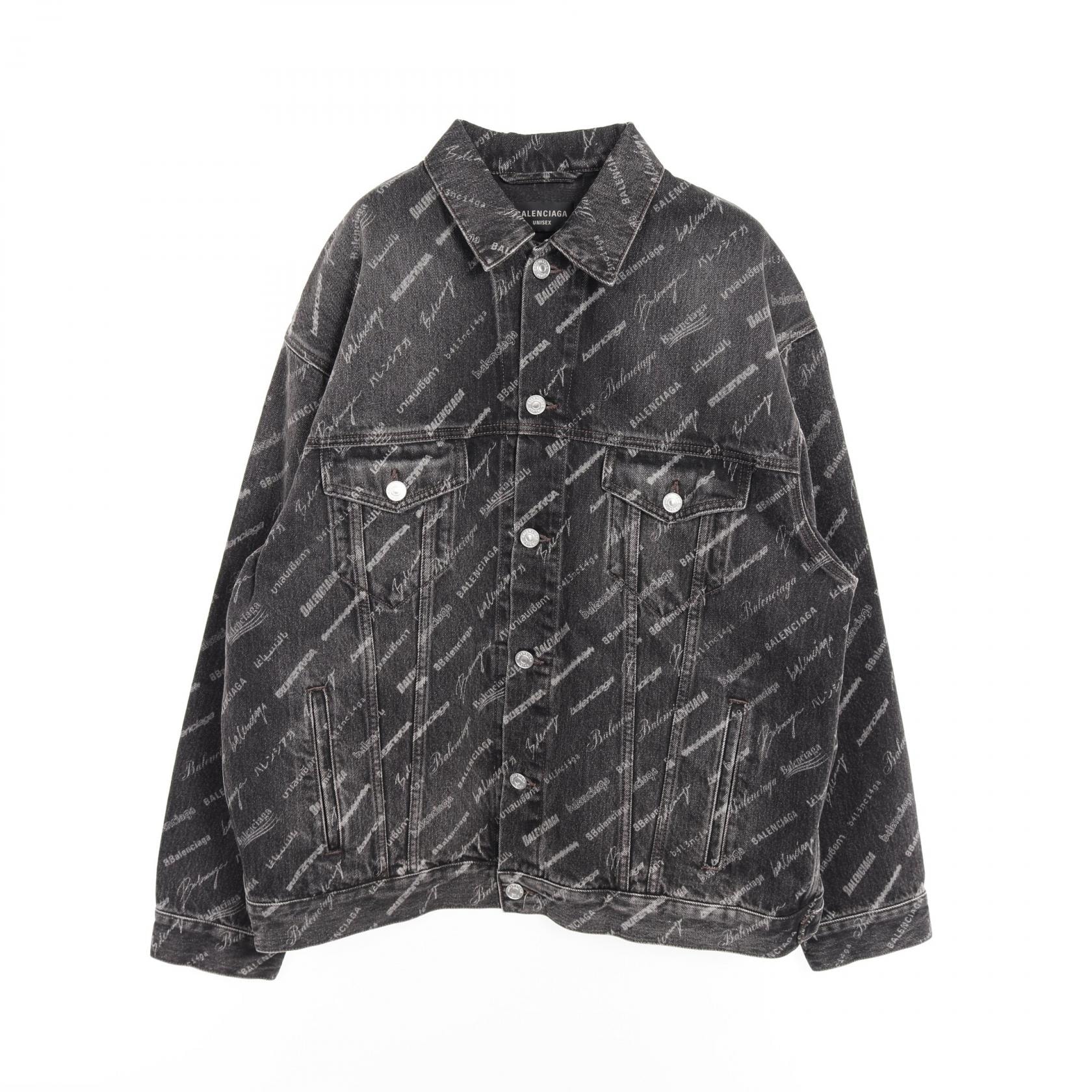 バレンシアガ BALENCIAGA オールオーバーロゴ ラージフィット デニムジャケット 衣料品 アウター コットン メンズ レディース ブラック系 【中古】