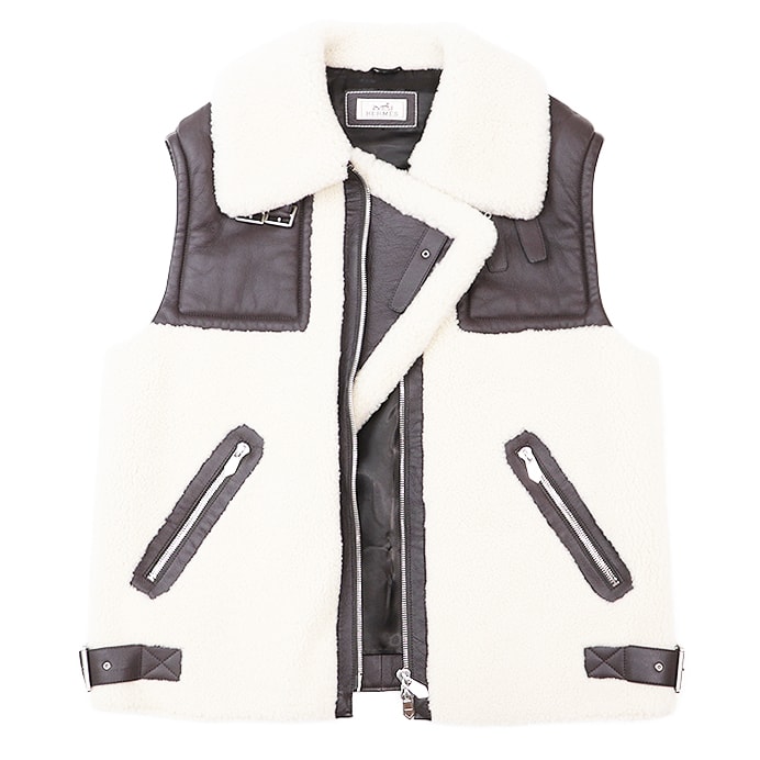 美品 エルメス 2023AW ムートン ボア ベスト メンズ アイボリー ブラウン 52 HERMES