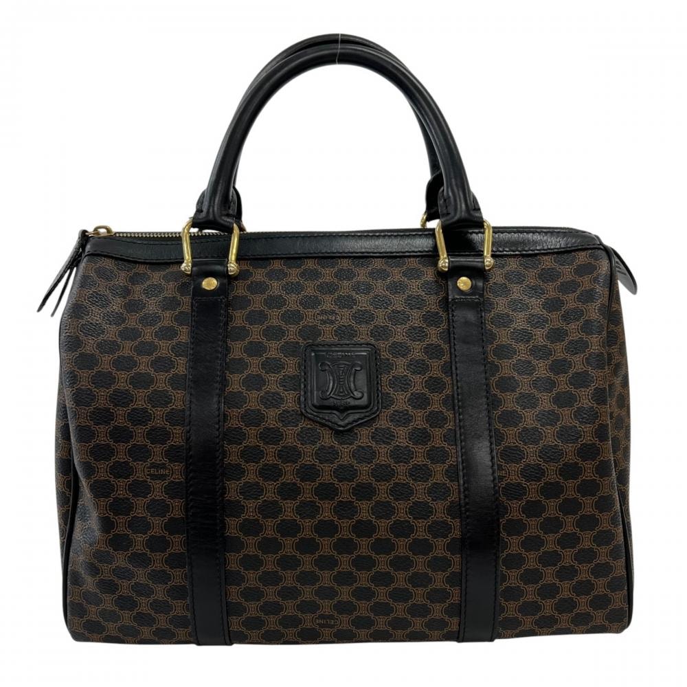 CELINE セリーヌ ハンドバッグ オールドセリーヌ マカダム ミニボストン PVCコーティングキャンバス  レザー   ブラック 黒 ブラウン 茶 ゴールド金具 レディース【中古品】