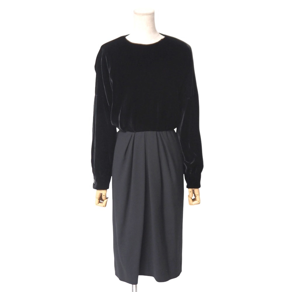 ■美品■Yves Saint Laurent rive gauche イヴサンローランリヴゴーシュ ヴィンテージ ワンピース サイズ34 ベロア 別珍 異素材切替 長袖 ロング フランス製 ブランド古着【中古】20250616/RA5070